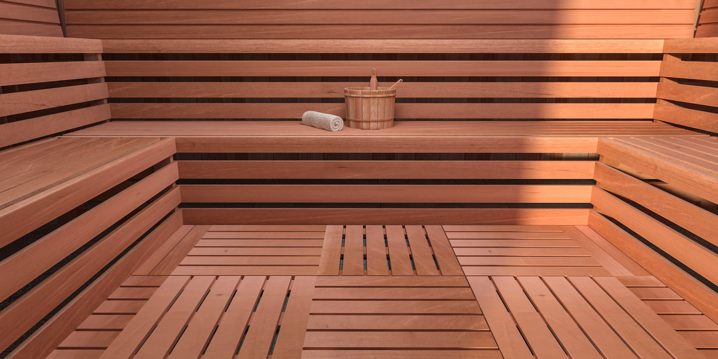 Piso de sauna con tarima de cedro rojo Scandia de 2'x2'