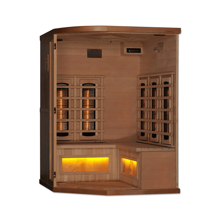 Golden Designs Sauna de infrarrojos lejanos EMF cercano a cero de espectro completo para 3 personas en esquina | GDI-8035-02