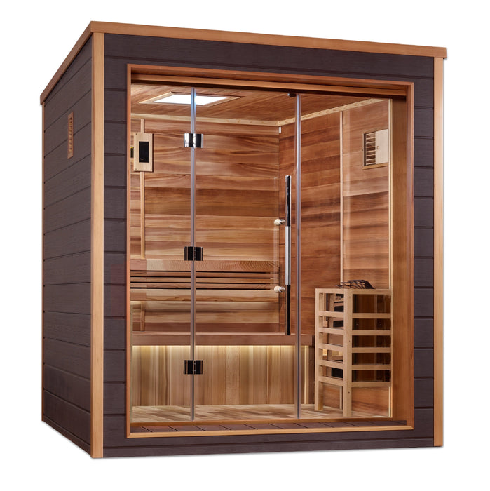 Golden Designs Drammen 3-Person Cedar Outdoor Sauna & Harvia The Wall Electric Heater Kit | GDI-8203-01