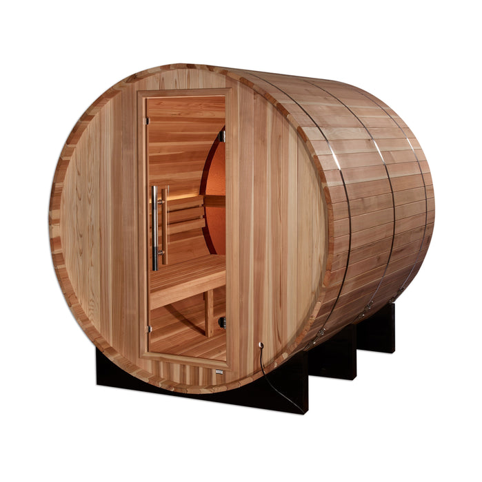 Golden Designs Zurich 4-Person Cedar Barrel Sauna w/ Rear Window & Harvia The Wall Electric Heater Kit | GDI-B024-01