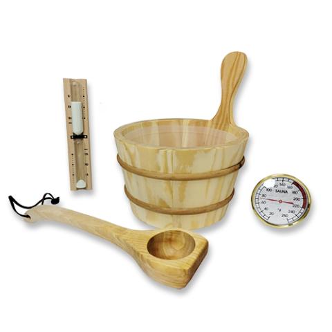 SaunaLife Rustic Bucket, Ladle, Timer and Thermometer | Sauna Accessory Package