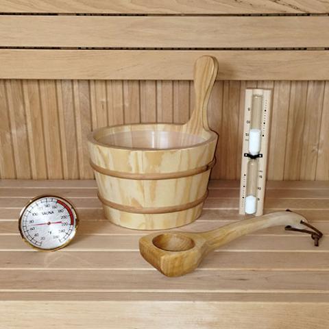 SaunaLife Cubo, Cucharón, Temporizador y Termómetro Rústicos | Paquete de accesorios para sauna