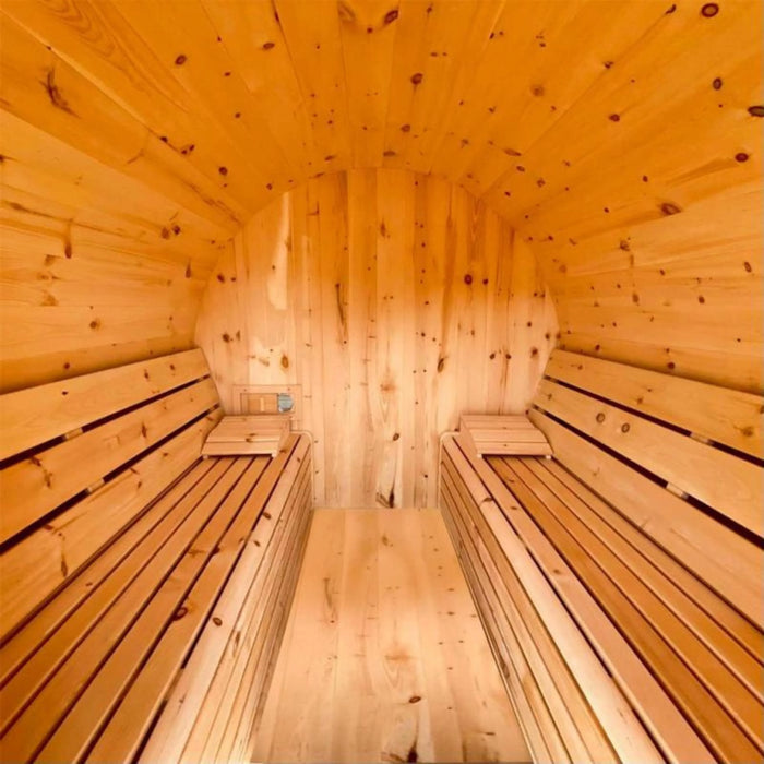 Benches inside of true north barrel sauna